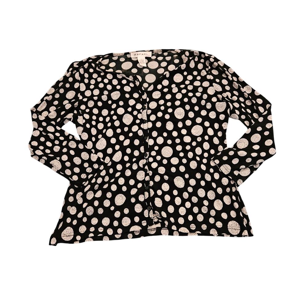 Rafael Womens Large Black White Polka Dot Sheer Blouse Button Front Stretch